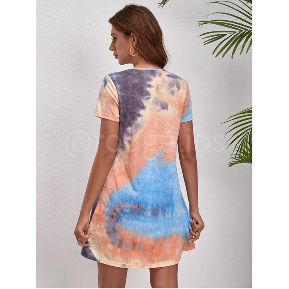Tie Dye Print Mini Tee Shirt Dress Short Sleeve Blue Orange A-Line - Picture 5 of 7